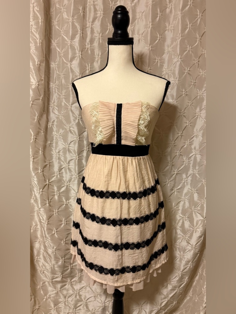 Y2K LuPruia Strapless Light Pink Strapless Mini Dress Black Lace Anthro Babydoll